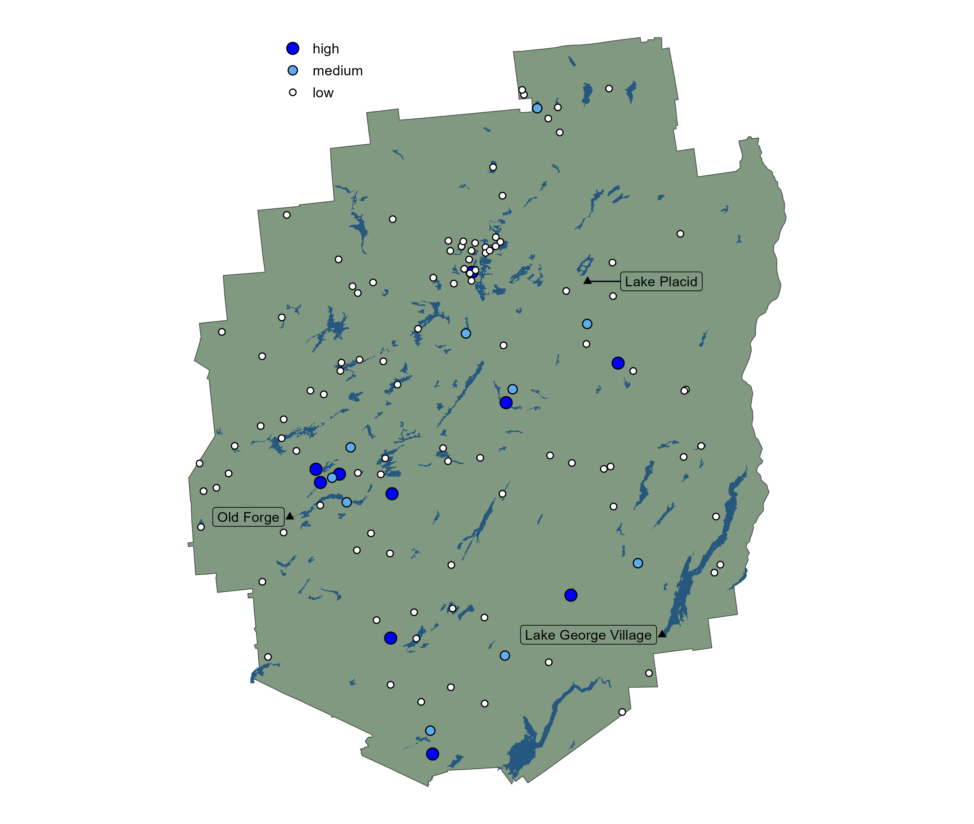 Map of the Adirondack park showing lakes to be sampled.
